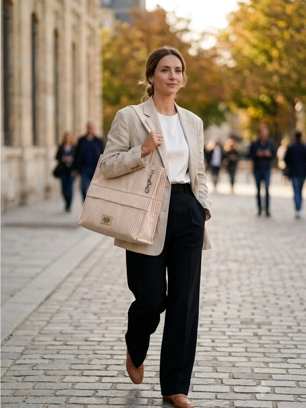 Jean Paul Gaultier Parfums Cream Beige Pinstripe Tote Bag